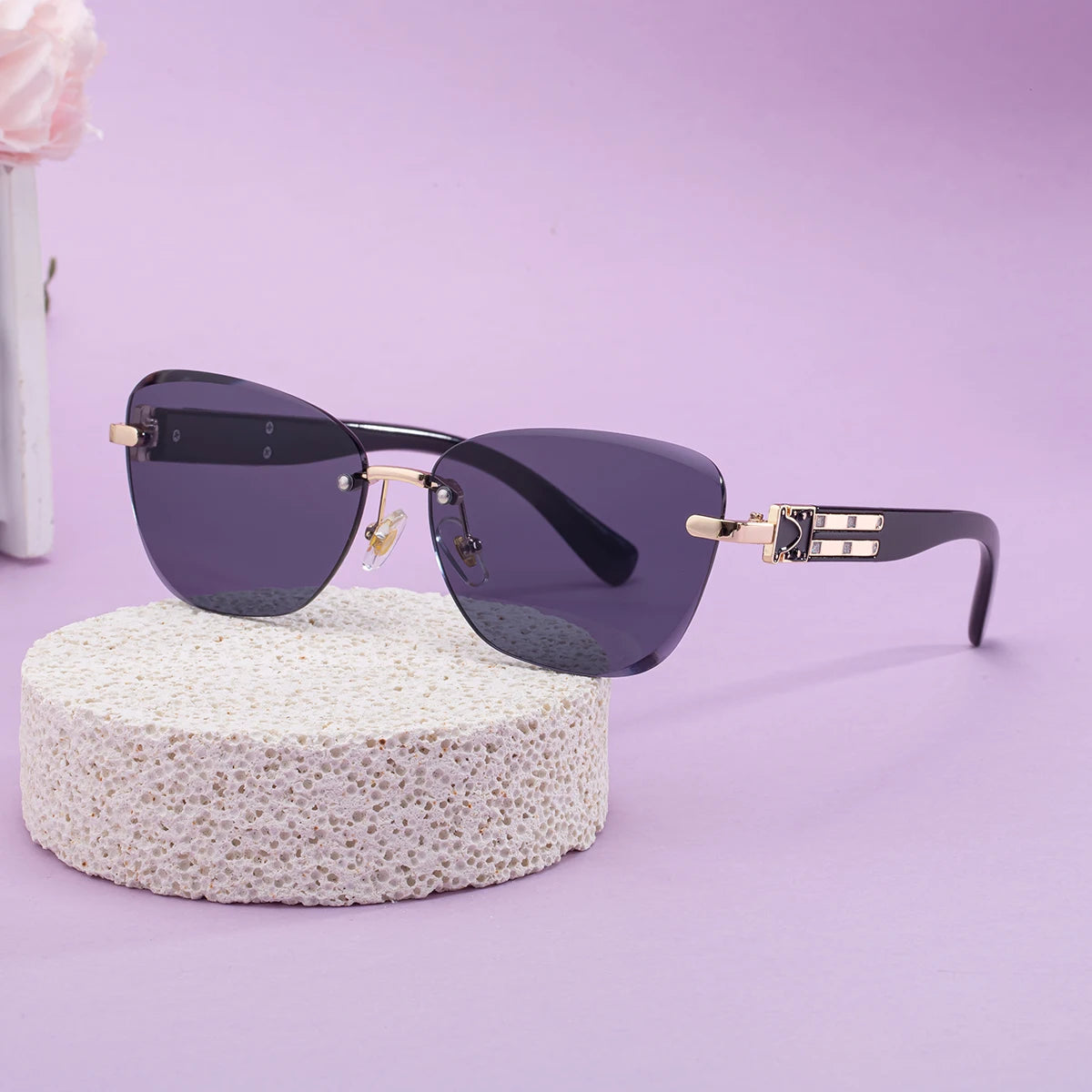 Designer Cat Eye Rimless Diamond Cut Lens UV400 Sunglasses for Women