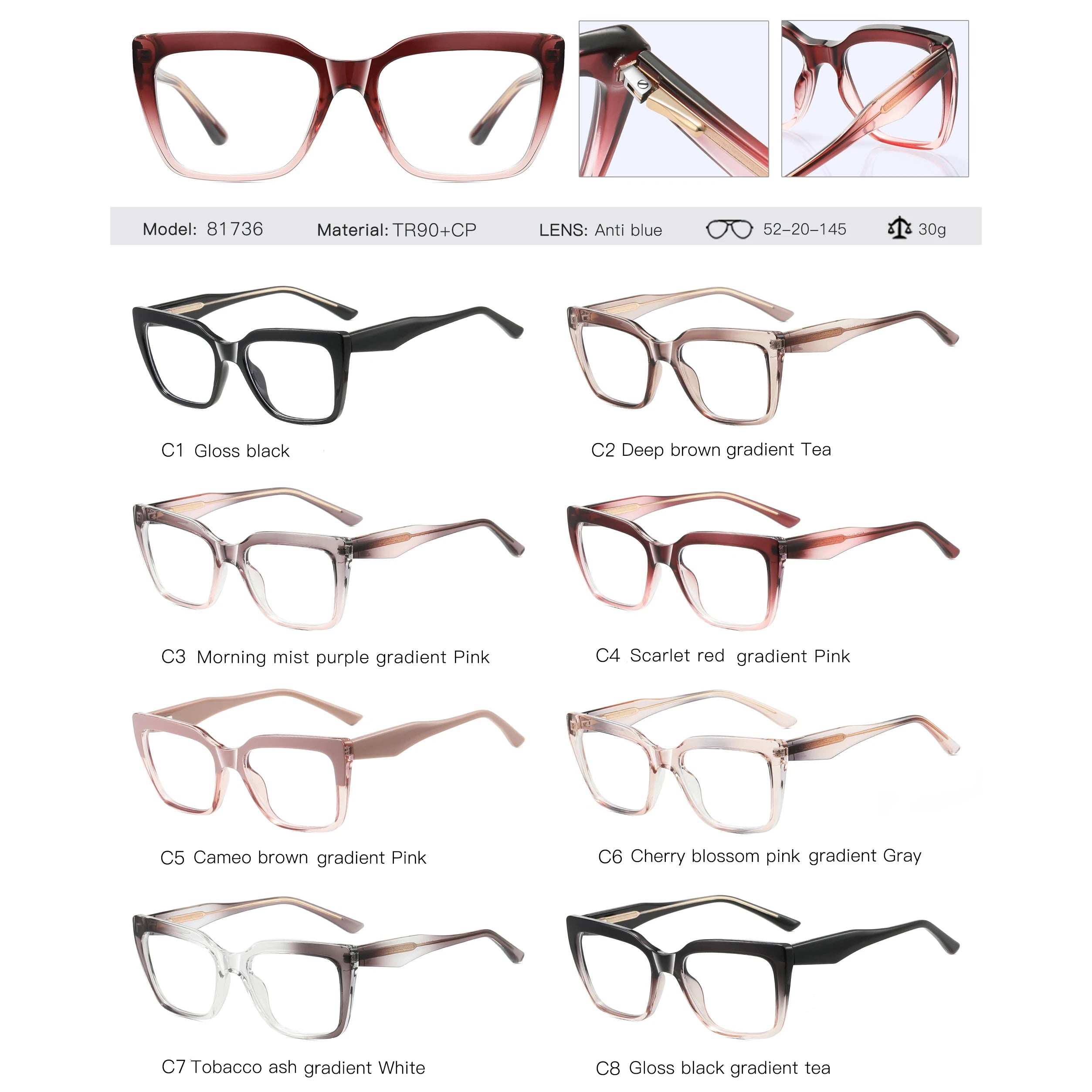 Fashion Square TR90 CP Pin-In Arms Spring Hinge Eyeglasses for Women