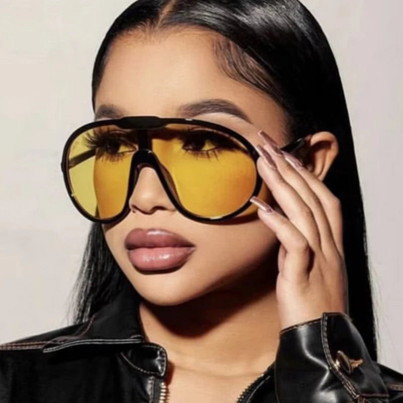 Elevate Your Style with Trendy Oversized Pilot Sunglasses for Women - Luxury Black and Yellow Cycling Eyewear