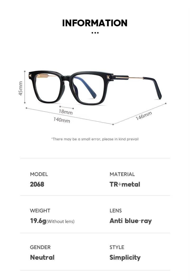 TR90 Square Spring Hinge Eyeglasses for Men