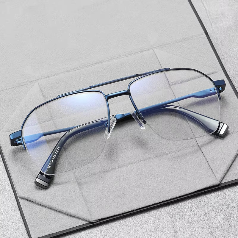  Square Semi-Rimless Double Bridge Spring Hinge  Eyeglasses for Men