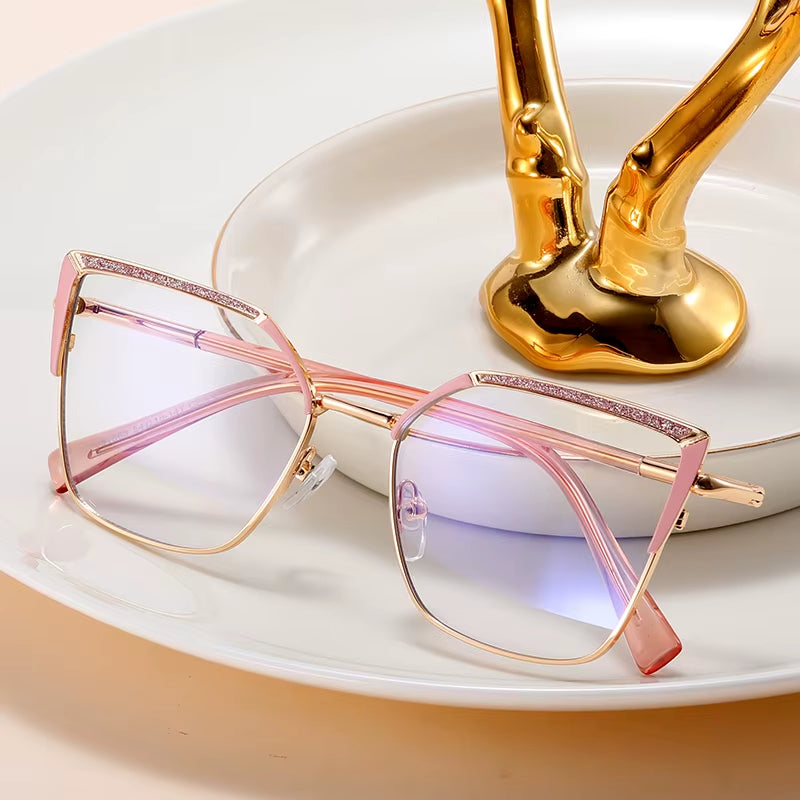 Cat Eye Metal Frame Glitter Eyeglasses for Women 