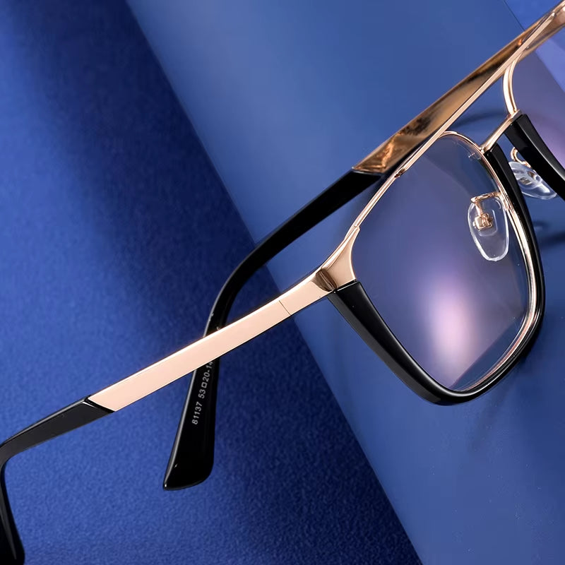  Square Metal Double Bridge Spring Hinge Eyeglasses for Men
