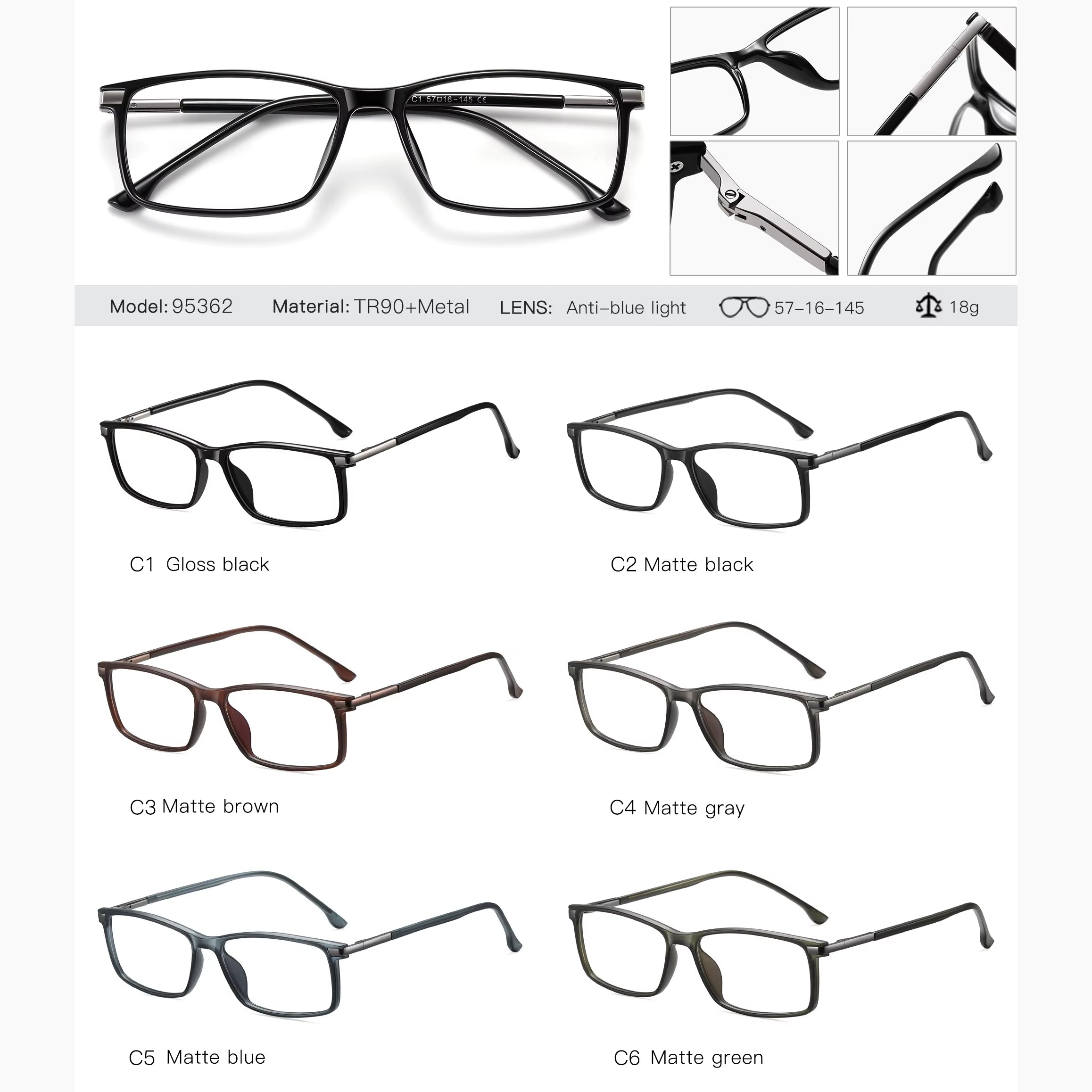 Classic TR90 Rectangle Spring Hinge Eyeglasses for Men