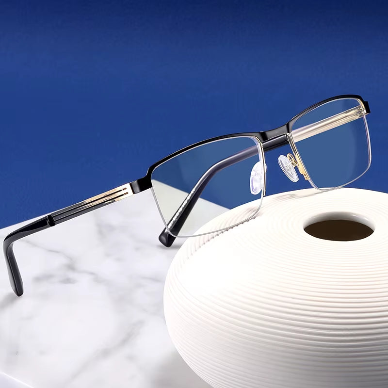 Metal Semi Rimless Rectangle Spring Hinge Eyeglasses for Men