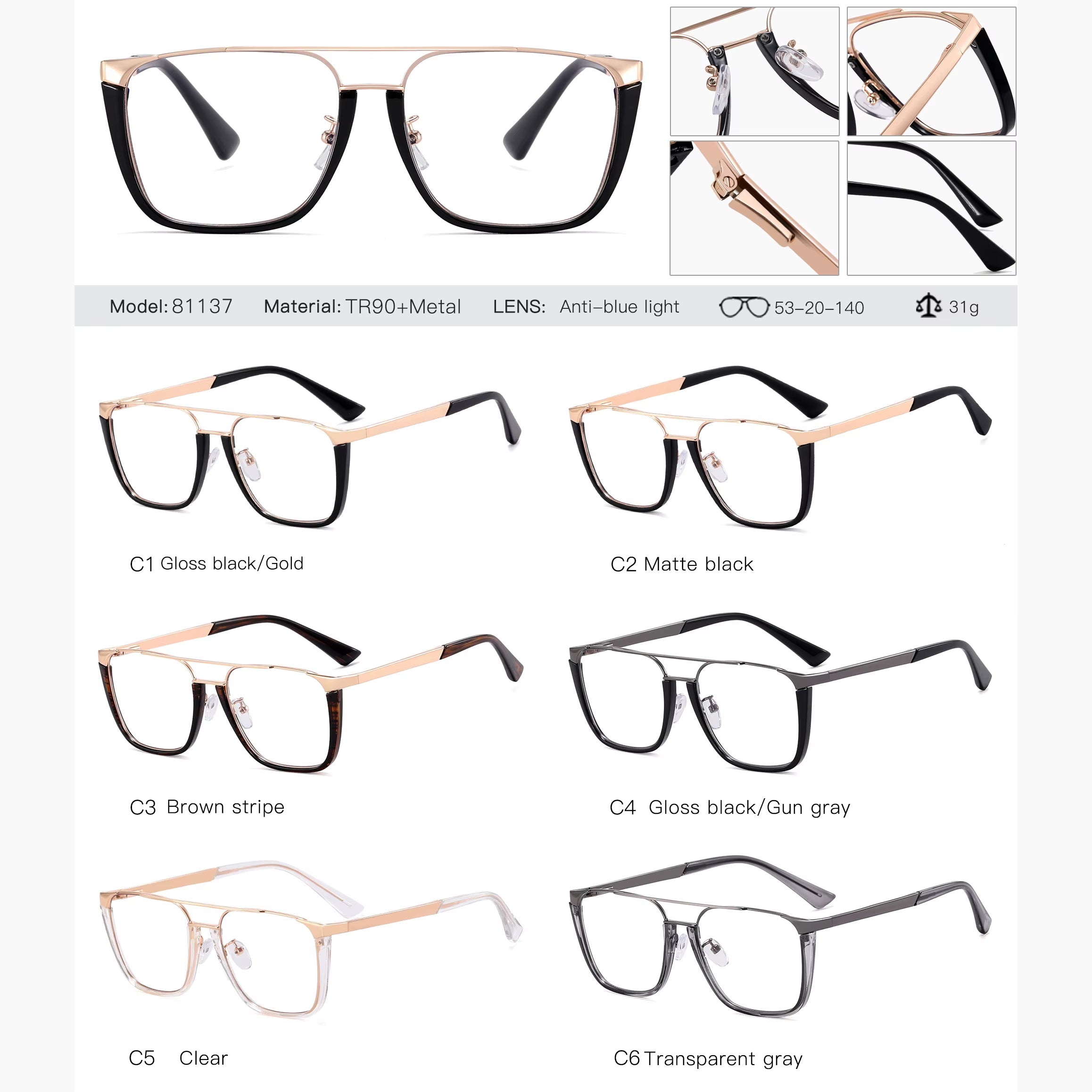  Square Metal Double Bridge Spring Hinge Eyeglasses for Men