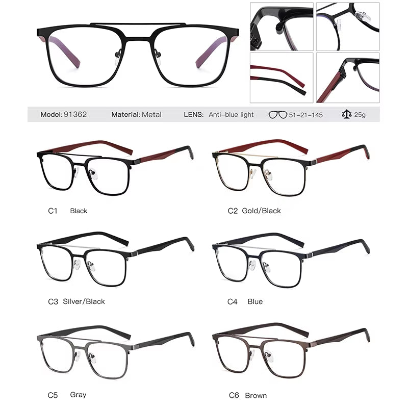 Retro Square Metal Double Bridge Spring Hinge Eyeglasses for Men