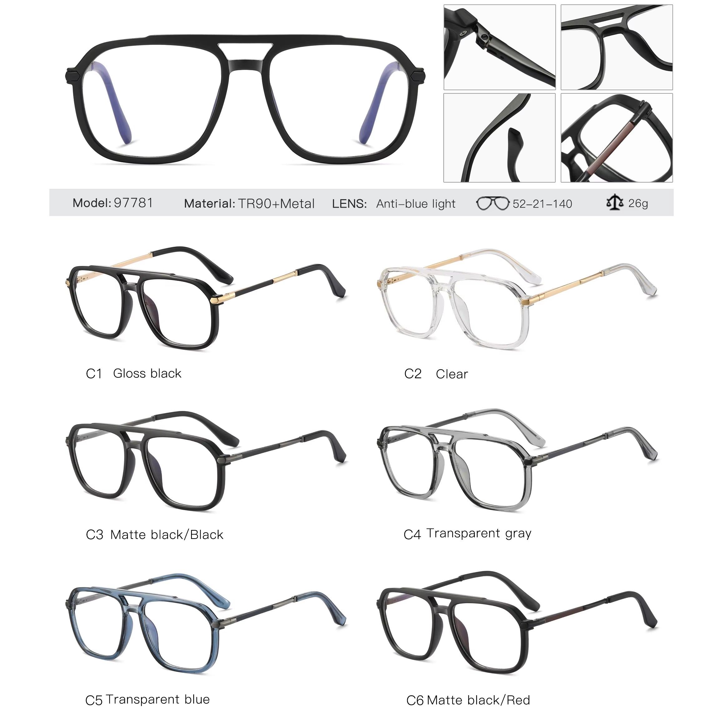  Fashion Square TR90 Double Bridge Spring Hinge Eyeglasses for Men