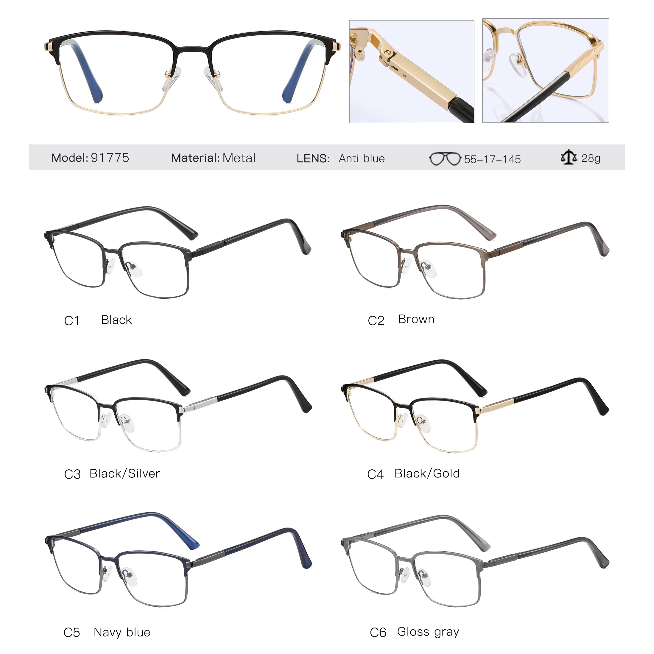  Rectangle Metal Frame Spring Hinge  Eyeglasses for Men
