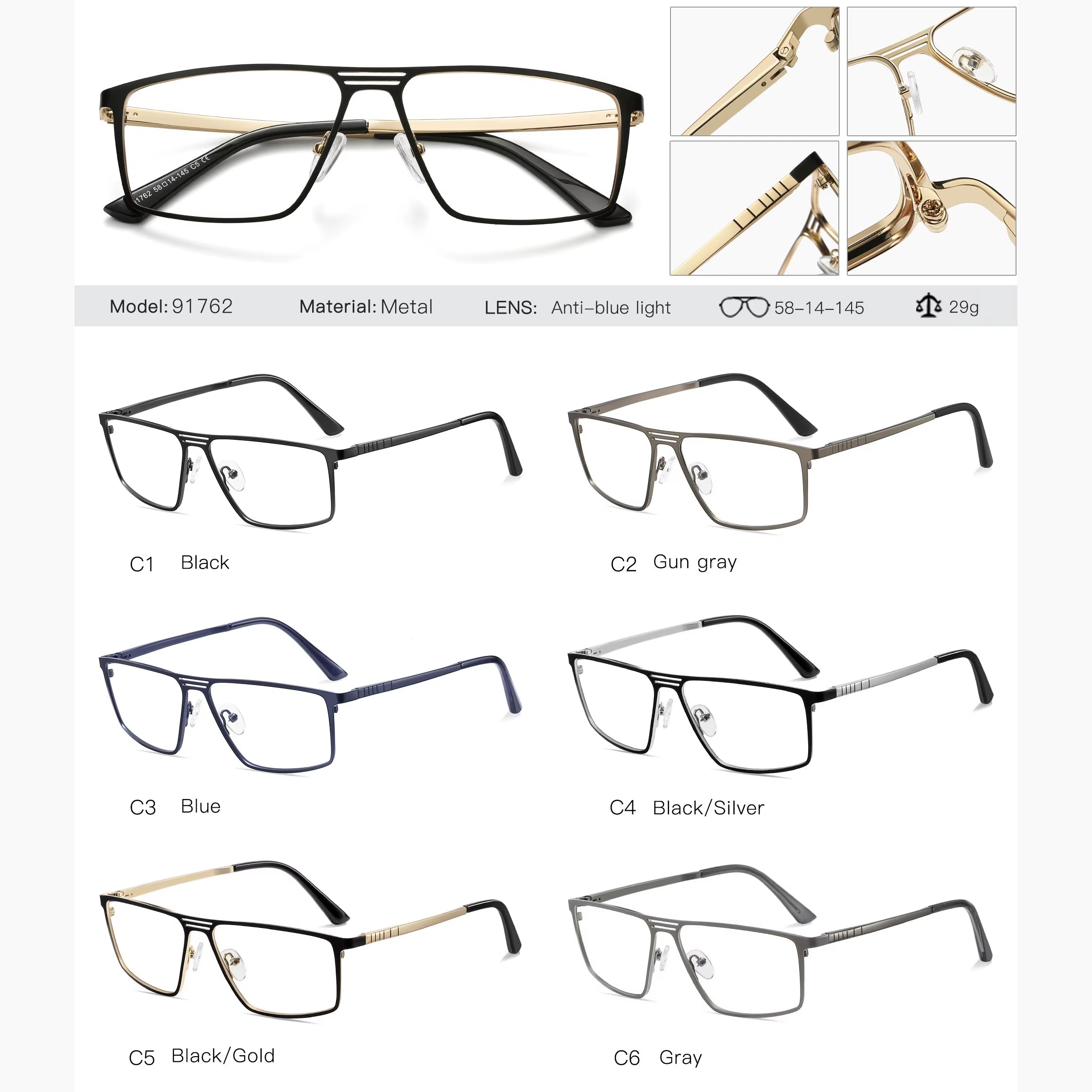 Fashion Rectangle Metal Double Bridge Spring Hinge Eyeglasses for Men