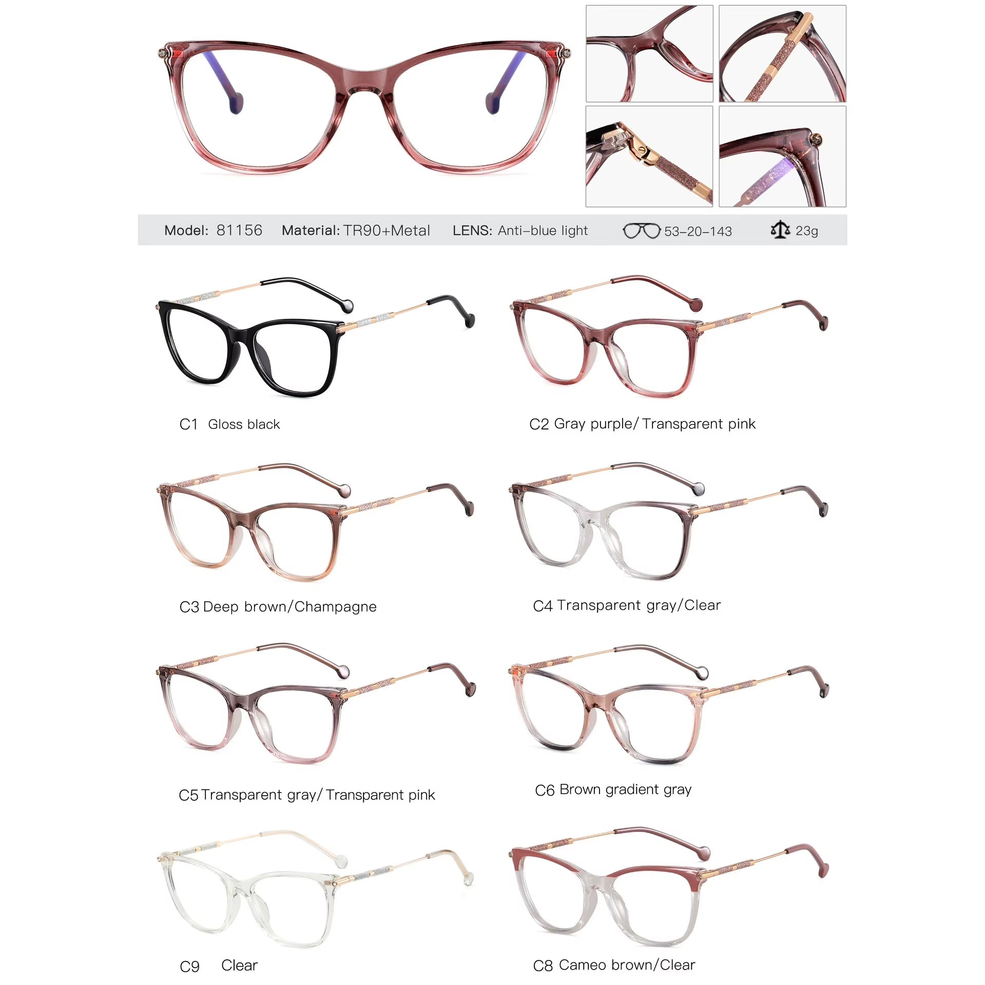  Cat Eye Square TR90 round Eyeglasses for Women