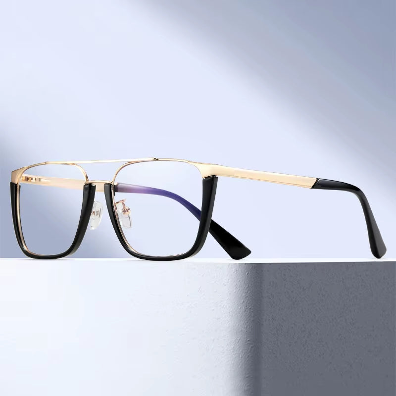  Square Metal Double Bridge Spring Hinge Eyeglasses for Men