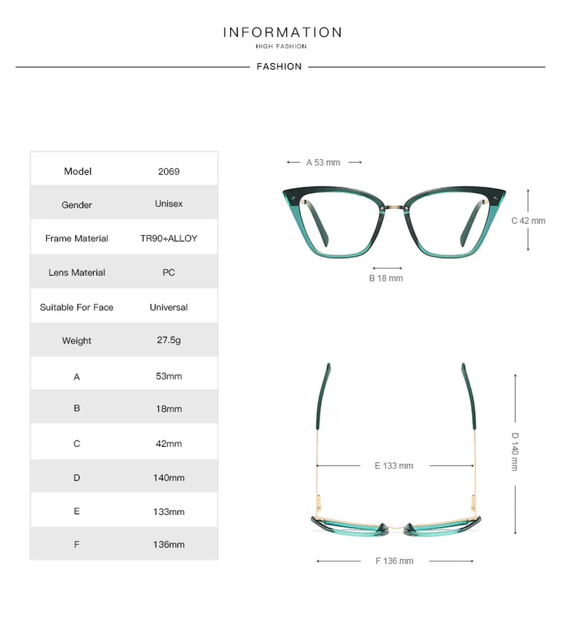  TR90 Cat Eye Spring Hinge Eyeglasses for Women 