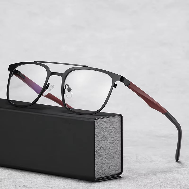 Retro Square Metal Double Bridge Spring Hinge Eyeglasses for Men