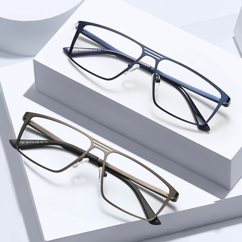 Fashion Rectangle Metal Double Bridge Spring Hinge Eyeglasses for Men