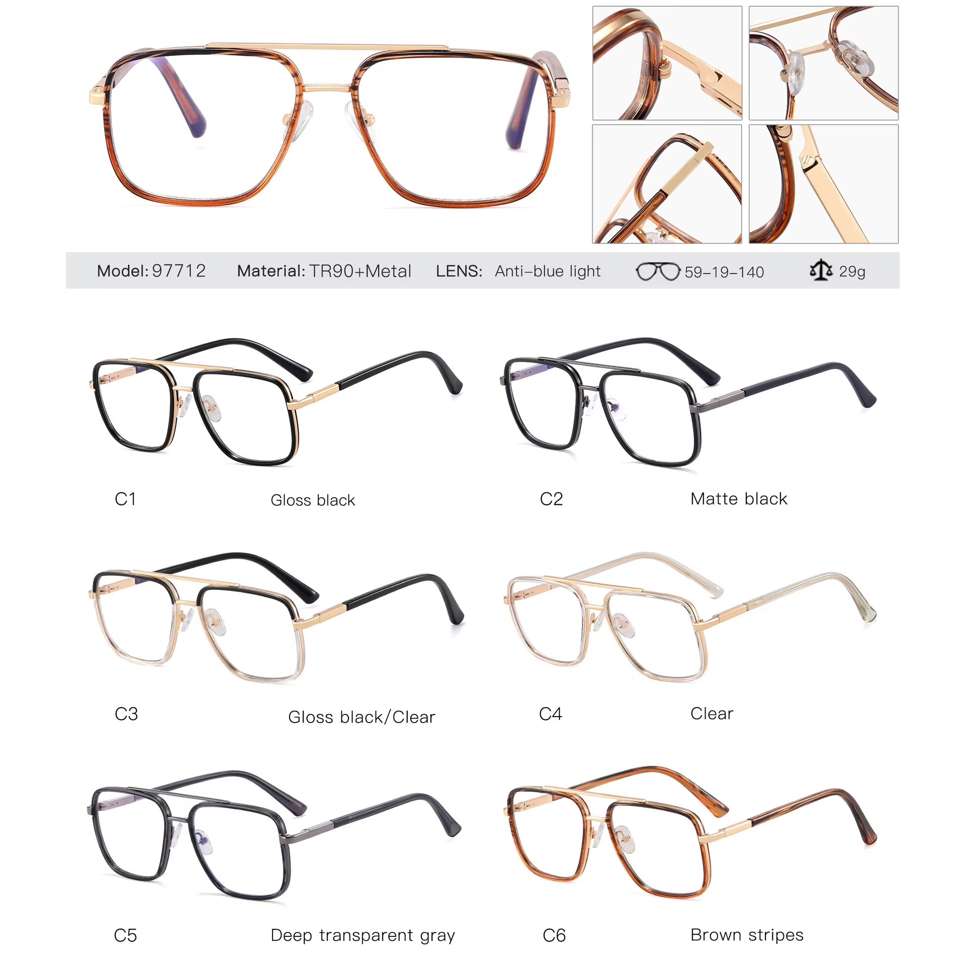 Vintage Retro TR90 Square Double Bridge Eyeglasses for Men