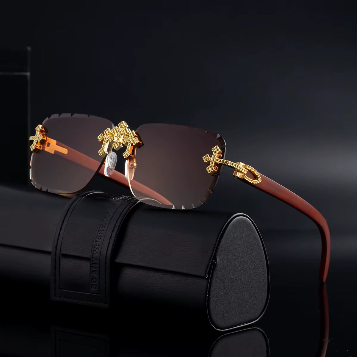 Designer Rectangle Rimless Wood Grain Colors Arms UV400 Sunglasses for Women & Men