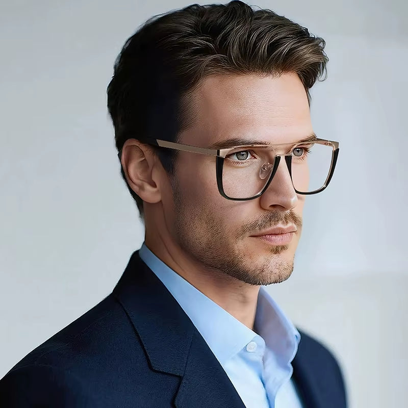  Square Metal Double Bridge Spring Hinge Eyeglasses for Men