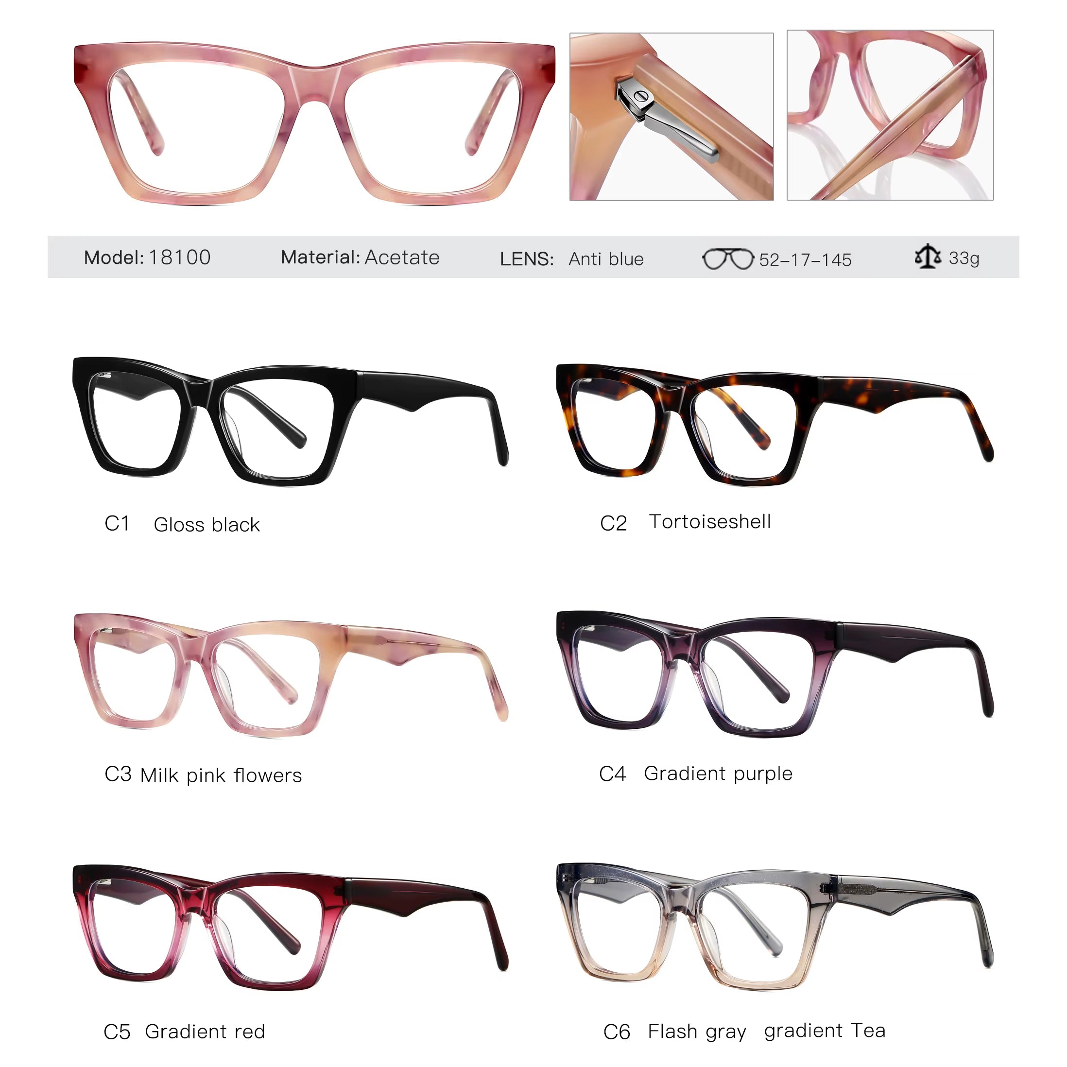  Cat Eye Acetate Pin-In Spring Hinge  Eyeglasses for Women